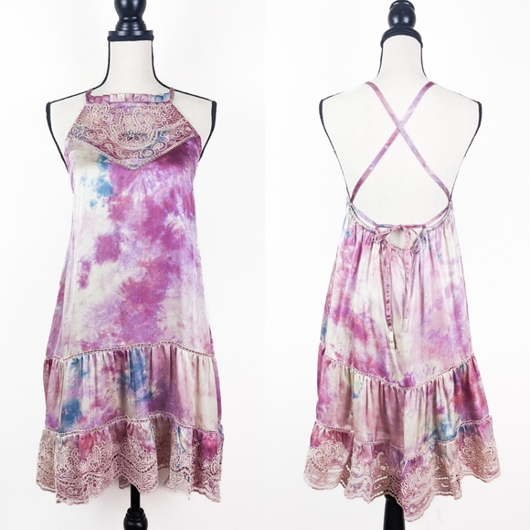 🦋LAST🦋 NWT Tulle & Batiste Rebecca Silk Tie Dye Halter Dress Amethyst Medium